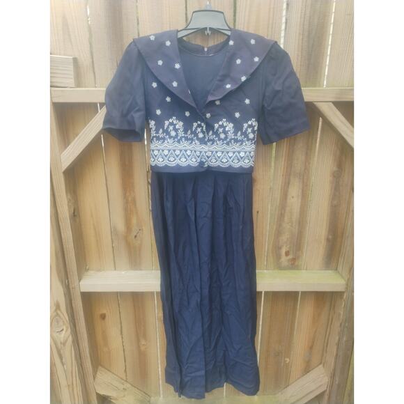 J.B.S Dresses & Skirts - Vintage Navy Blue Maxi Dress Sailor Collar Floral Embroidered Cottagecore Sz 10